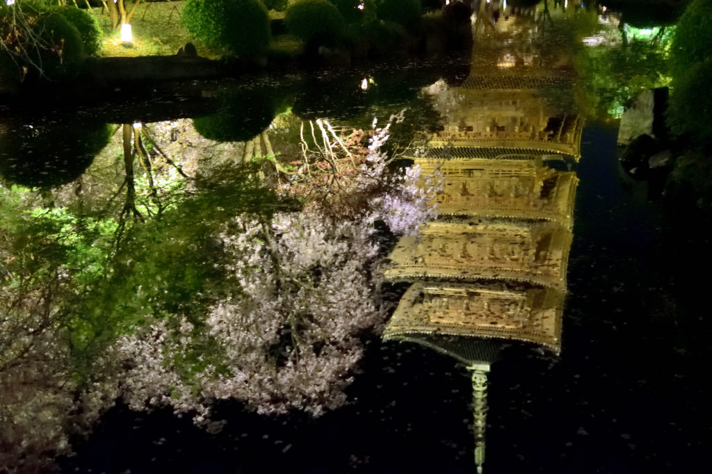 Five-storied pagoda reflected in the pond in Toji