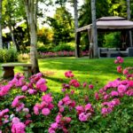 Pavilion and flowers in Manabe garden