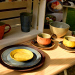 Wood desk and pottery plate in Craftfair Matsumoto